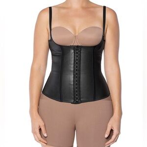 Stellas Corset black latex corset boning adjustable straps hook and eye closure